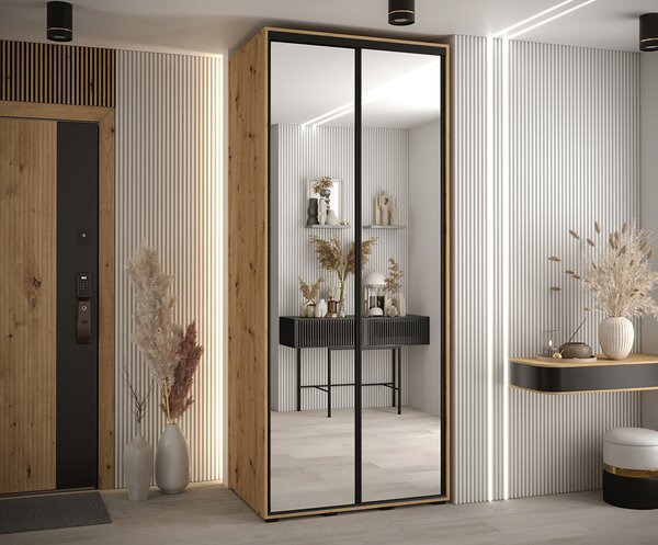 Šatní skříň s posuvnými zrcadlovými dveřmi DAVOS 100cm | DUB Artisan / černé pojezdy