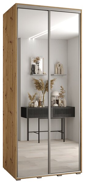 Šatní skříň s posuvnými zrcadlovými dveřmi DAVOS 100cm | DUB Artisan / stříbrné pojezdy