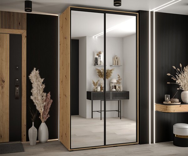 Šatní skříň s posuvnými zrcadlovými dveřmi DAVOS 140cm | DUB Artisan / černé pojezdy