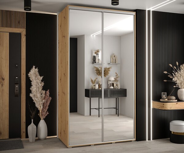 Šatní skříň s posuvnými zrcadlovými dveřmi DAVOS 140cm | DUB Artisan / stříbrné pojezdy
