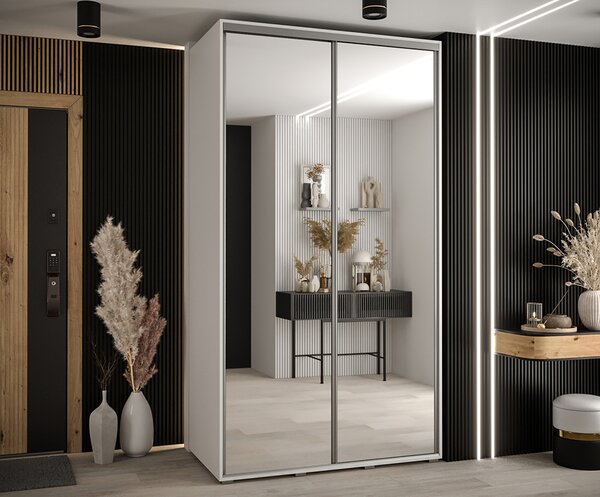 Šatní skříň s posuvnými zrcadlovými dveřmi DAVOS 140cm | Bílá / stříbrné pojezdy