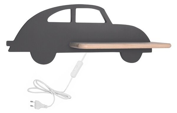 LED nástěnné dětské svítidlo s odkládací poličkou AUTO - Šedá, Varianta zapojení: Kabel do zásuvky