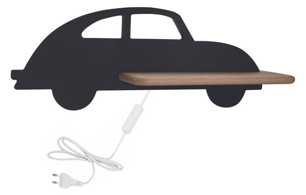 LED nástěnné dětské svítidlo s odkládací poličkou AUTO - Černá, Varianta zapojení: Kabel do zásuvky