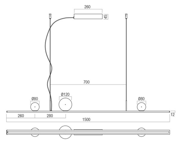 Redo Závěsné LED lineární svítidlo DUNE, 48W, š. 150 cm, CRI90, stmívatelné Barva: Černá-kouřové sklo, Barva světla: 2700K