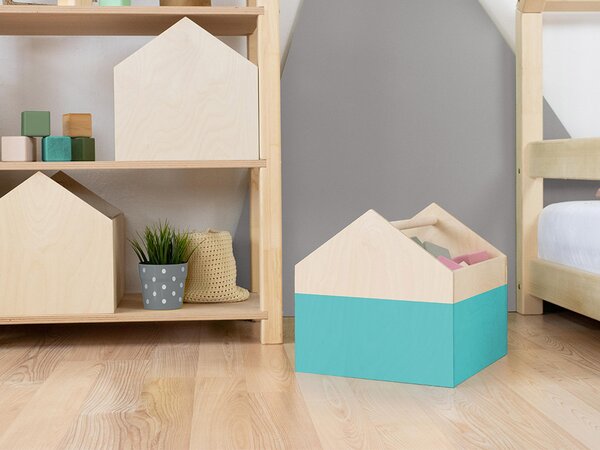 Benlemi Dřevěný úložný box HOUSE ve tvaru domečku Barva: Tyrkysová/pololakovaná