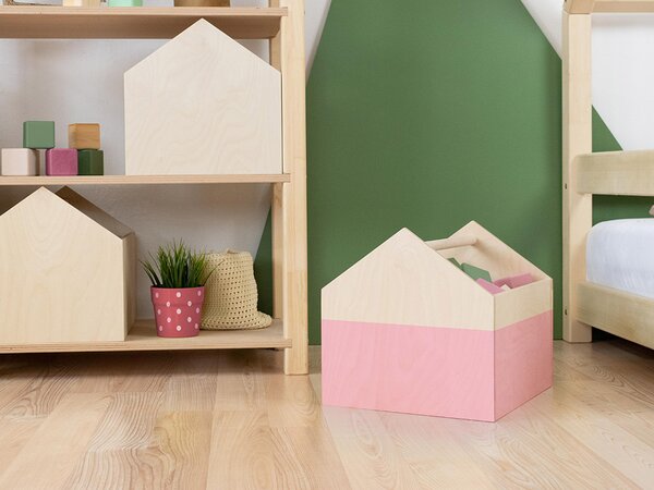 Dřevěný úložný box HOUSE ve tvaru domečku - Růžová, pololakovaná