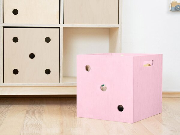 Růžový dřevěný úložný box DICE Trojka s čísly ve stylu hrací kostky
