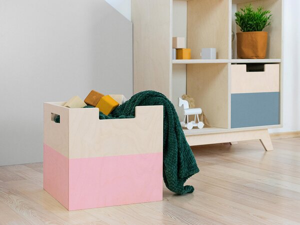 Úložný dřevěný box BOKS s obdélníkovým výřezem - Růžová, pololakovaná