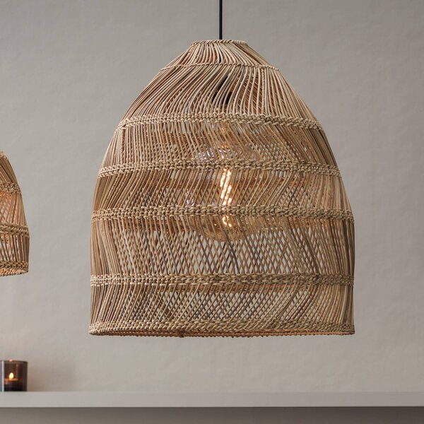 PR Home Venkovní závěsná lampa Maja, ratan, Ø 45 cm, zástrčka, IP44, Světlé dřevo, Dřevo