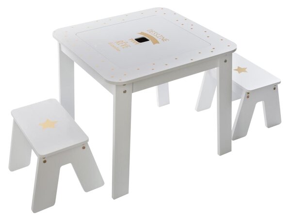 Úložný stolek se dvěma stoličkami pro holky