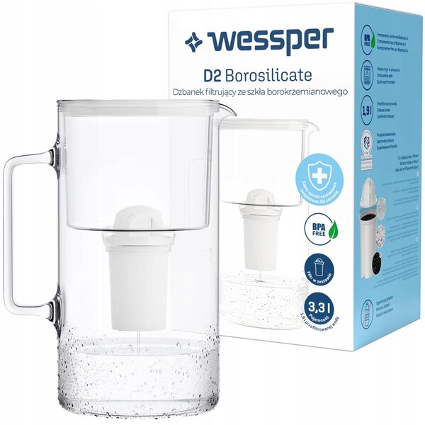 Skleněná filtrační konvice Wessper D2 Borosilicate AquaClassic, 3,0 l