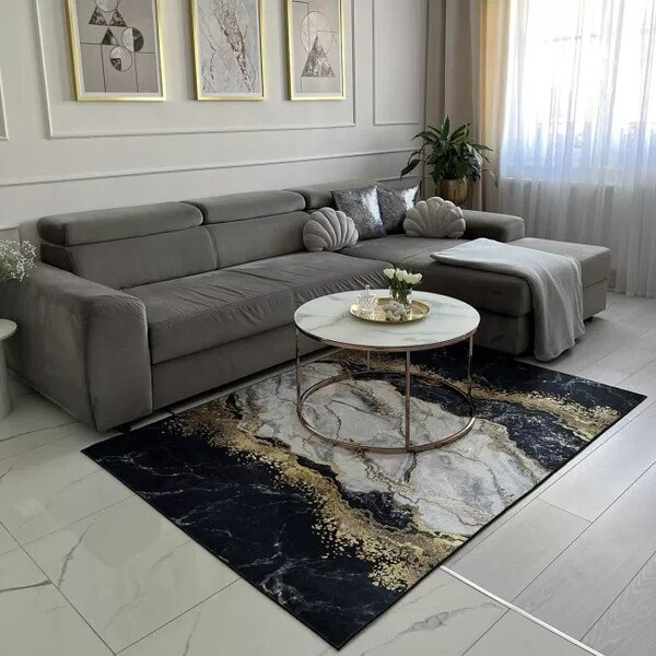 Makro Abra Kusový koberec pratelný TOSCANA 21150 Abstraktní Kámen pogumovaný šedý krémový zlatý Rozměr: 80x150 cm