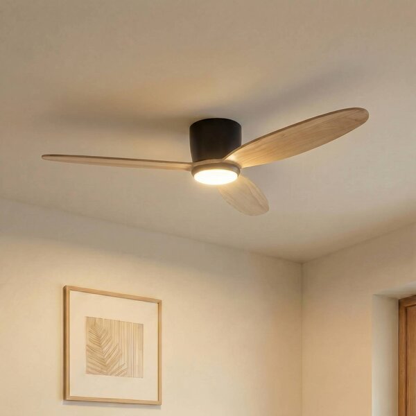 Lucande Stropní ventilátor LED Lignia, Ø 132 cm, stmívatelné, stmívatelný, Světlé dřevo, Obývací pokoj / jídelna, Dřevo, Skandinávský