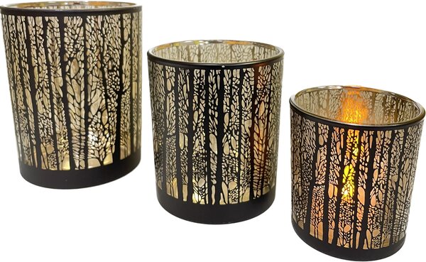 Svícen skleněný 9x10 cm dekor stromy černo-zlatý