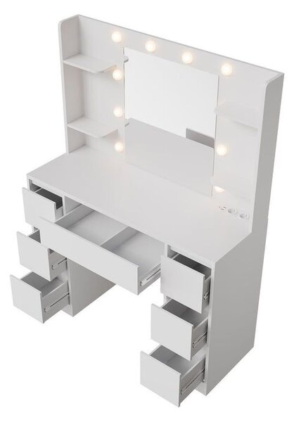 Toaletní stolek s LED zrcadlem a 7 zásuvkami, bílý
