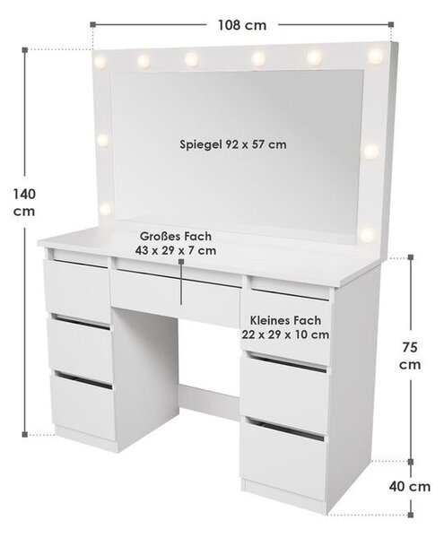 Kosmetický stolek s LED zrcadlem a 7 zásuvkami, bílý