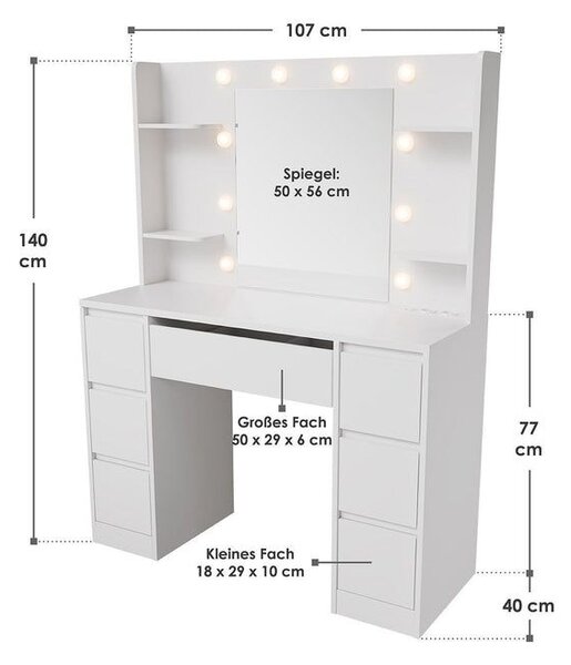 Toaletní stolek s LED zrcadlem a 7 zásuvkami, bílý