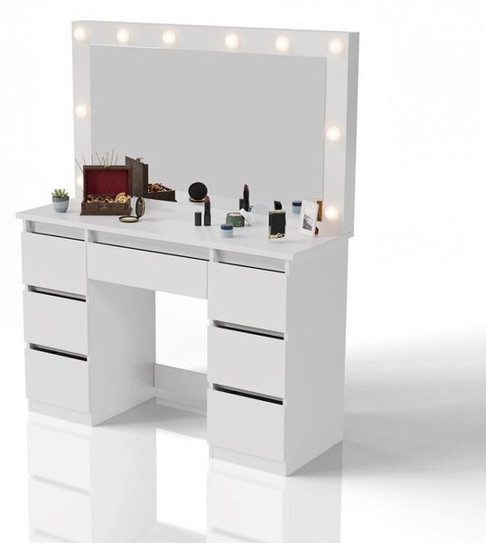 Kosmetický stolek s LED zrcadlem a 7 zásuvkami, bílý