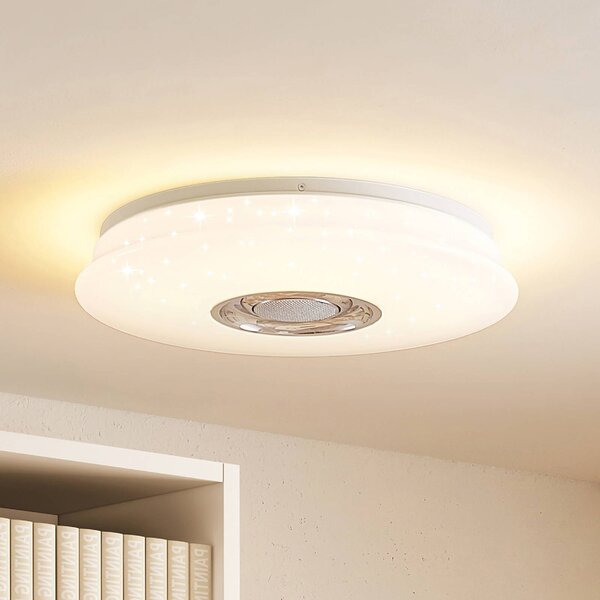 Lindby LED stropní svítidlo Elpida, reproduktor, bílé, Ø 39cm, stmívatelný, Bílá / opál, Obývací pokoj / jídelna, Plast, Moderní