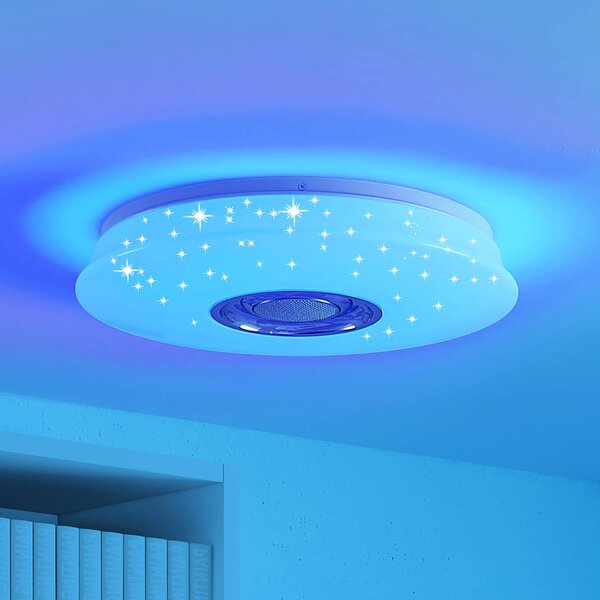 Lindby LED stropní svítidlo Elpida, reproduktor, bílé, Ø 39cm, stmívatelný, Bílá / opál, Obývací pokoj / jídelna, Plast, Moderní