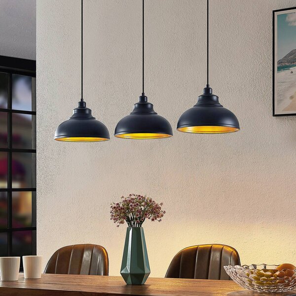 Lindby Závěsné svítidlo Emna, 3 světla, černá/zlatá, kov, 101 cm, stmívatelný, Černá, Obývací pokoj / jídelna, kov, Vintage