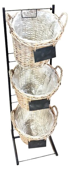 Kovový stojan s proutěnými košíky X3, 113x33x33 cm, košík 33x27x23 cm, dřevěná cedulka