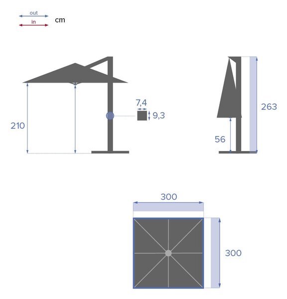 Čtvercový zahradní slunečník Poly 3x3 m - šedý (naklápěcí)