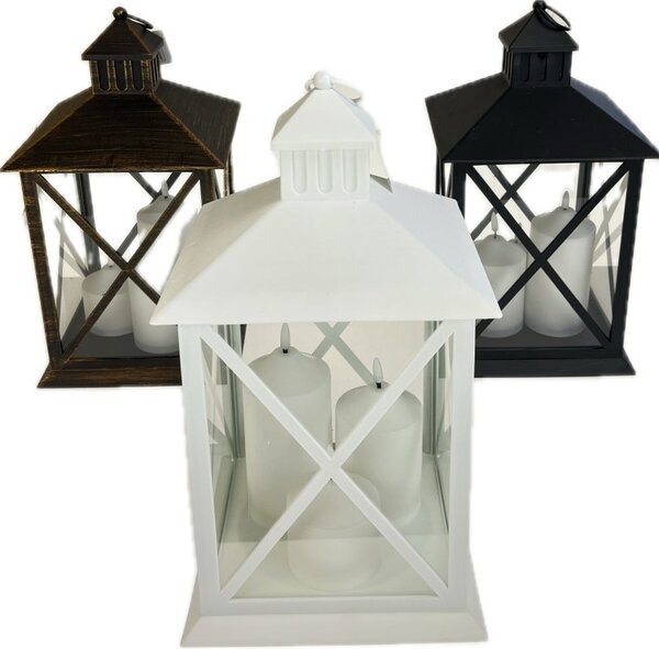 Lucerna plast/sklo 22,5x22,5x40 cm s 3 LED svíčkami, na 2xAA baterie (nejsou součástí) Barva: Černá