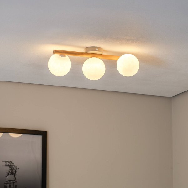 TK Lighting Stropní svítidlo Estera, opálové sklo, dřevo, tři plameny, stmívatelný, Světlé dřevo, Obývací pokoj / jídelna, Sklo, Koule