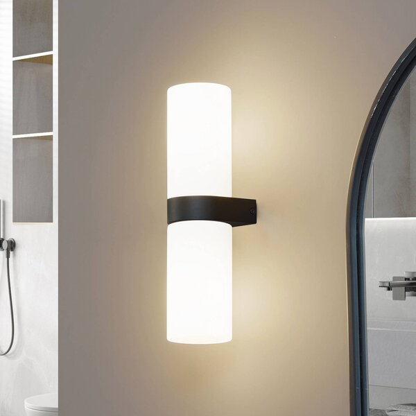 Lucande Koupelnové nástěnné svítidlo Basolo, černé, výška 31,5 cm, sklo, stmívatelný, Bílá / opál, Koupelna, Moderní