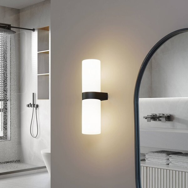 Lucande Koupelnové nástěnné svítidlo Basolo, černé, výška 31,5 cm, sklo, stmívatelný, Bílá / opál, Koupelna, Moderní