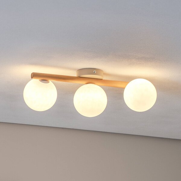 TK Lighting Stropní svítidlo Estera, opálové sklo, dřevo, tři plameny, stmívatelný, Světlé dřevo, Obývací pokoj / jídelna, Sklo, Koule