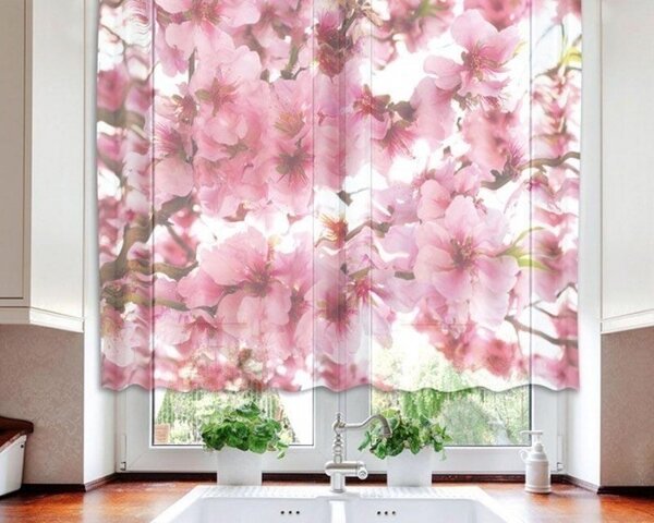 Hotové záclony do kuchyně - fotozáclony Květy jabloně | 140 x 120 cm | růžová, bílá