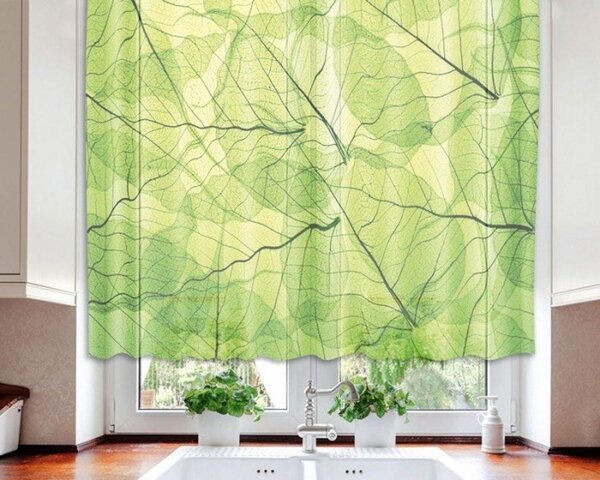 Hotové záclony do kuchyně - fotozáclony Žilky listů | 140 x 120 cm | zelená