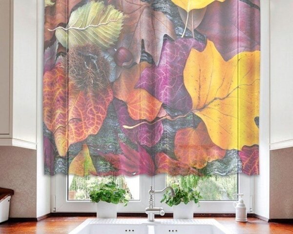 Hotové záclony do kuchyně - fotozáclony Podzimní listí | 140 x 120 cm | vícebarevná
