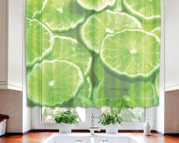 Hotové záclony do kuchyně - fotozáclony Limetka | 140 x 120 cm | zelená, bílá