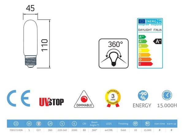 Creative cables Zlatá LED žárovka válcová T45 5W E27 stmívatelná 2000K