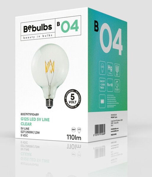 Creative cables LED žárovka čirá B04 5V G125 1,3W E27 stmívatelná 2500K