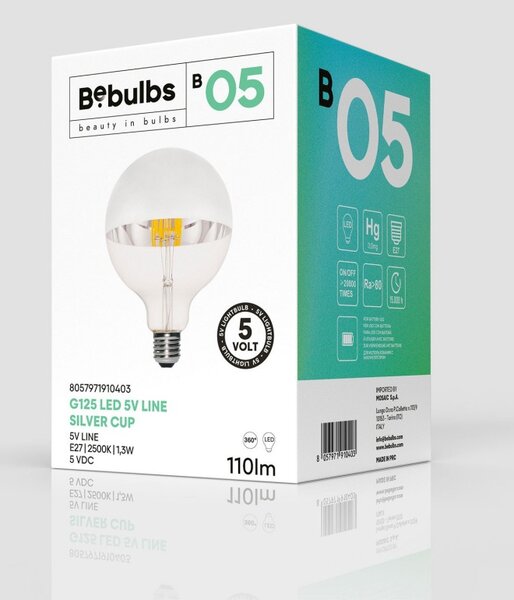 Creative cables LED žárovka se stříbrnou polokoulí b05 5V G125 1,3W E27 stmívatelná 2500K