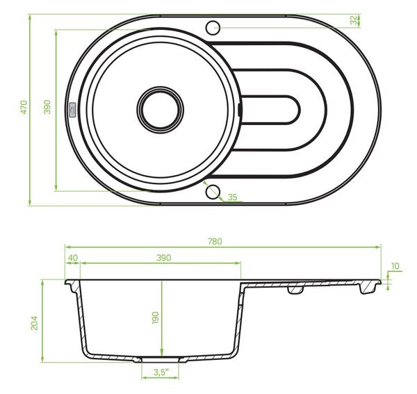 Laveo Dafne, 1-komorový granitový dřez 780x470x204 mm, černá, LAV-SBD_781T