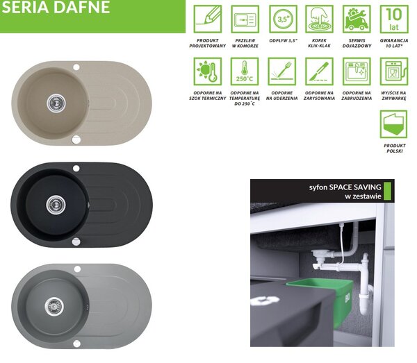 Laveo Dafne, 1-komorový granitový dřez 780x470x204 mm, černá, LAV-SBD_781T