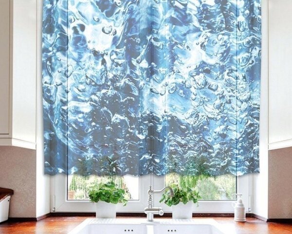 Hotové záclony do kuchyně - fotozáclony Perlivá voda | 140 x 120 cm | modrá, bílá