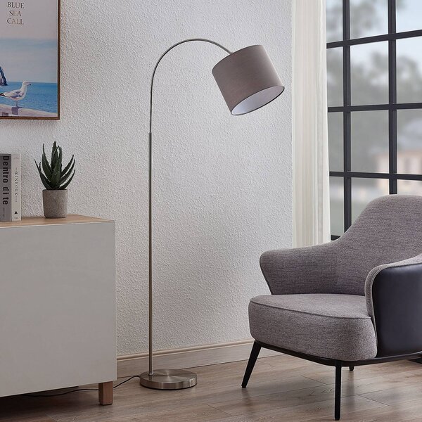 Lindby Stojací lampa Keriba, nikl/šedá, látka, 150 cm, E27, Hliník / šedá / zinek, Obývací pokoj / jídelna, kov, Moderní, oblouková lampa