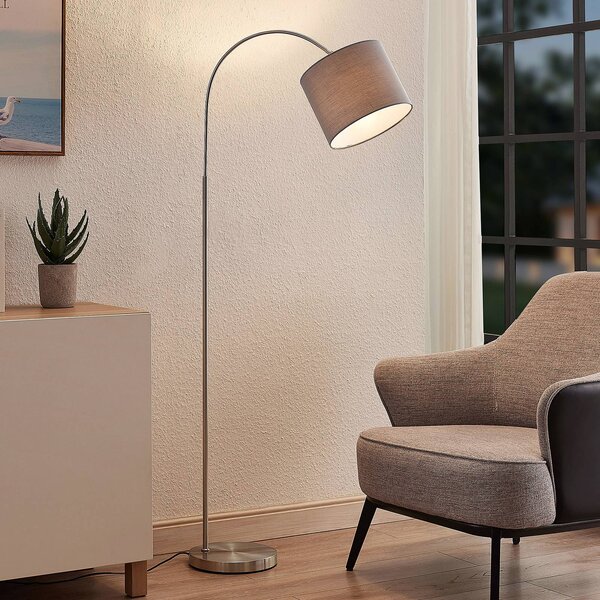 Lindby Stojací lampa Keriba, nikl/šedá, látka, 150 cm, E27, Hliník / šedá / zinek, Obývací pokoj / jídelna, kov, Moderní, oblouková lampa