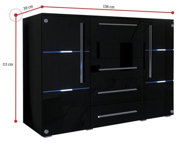 Komoda LOBO, korpus černá/celá dvířka černá lesk