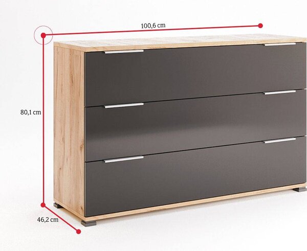 Komoda DOTA, 3 šuplíky, 100,6x46,2x80,1, dub Kraft/šedá