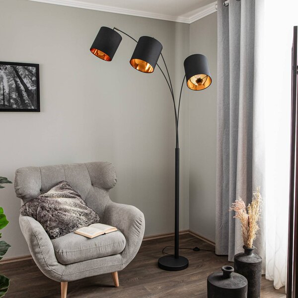 Lindby Stojací lampa Nanika, černá/zlatá, 202 cm, E27, 3 světla., Černá, Obývací pokoj / jídelna, kov, Moderní, oblouková lampa