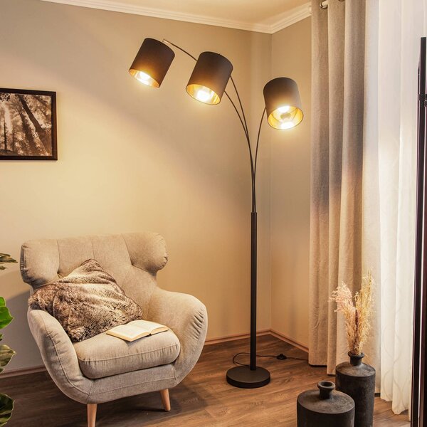 Lindby Stojací lampa Nanika, černá/zlatá, 202 cm, E27, 3 světla., Černá, Obývací pokoj / jídelna, kov, Moderní, oblouková lampa