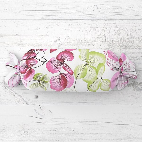 Biante Polštář válec bonbon Sandra SA-366 Růžovo-zelené květy na bílém 15x40 cm
