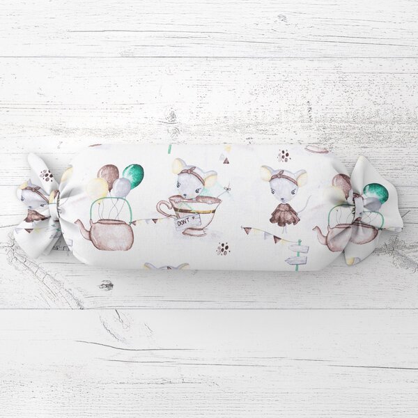 Biante Dětský polštář válec bonbon Sandra SA-372 Myšky a konvičky na bílém 15x40 cm